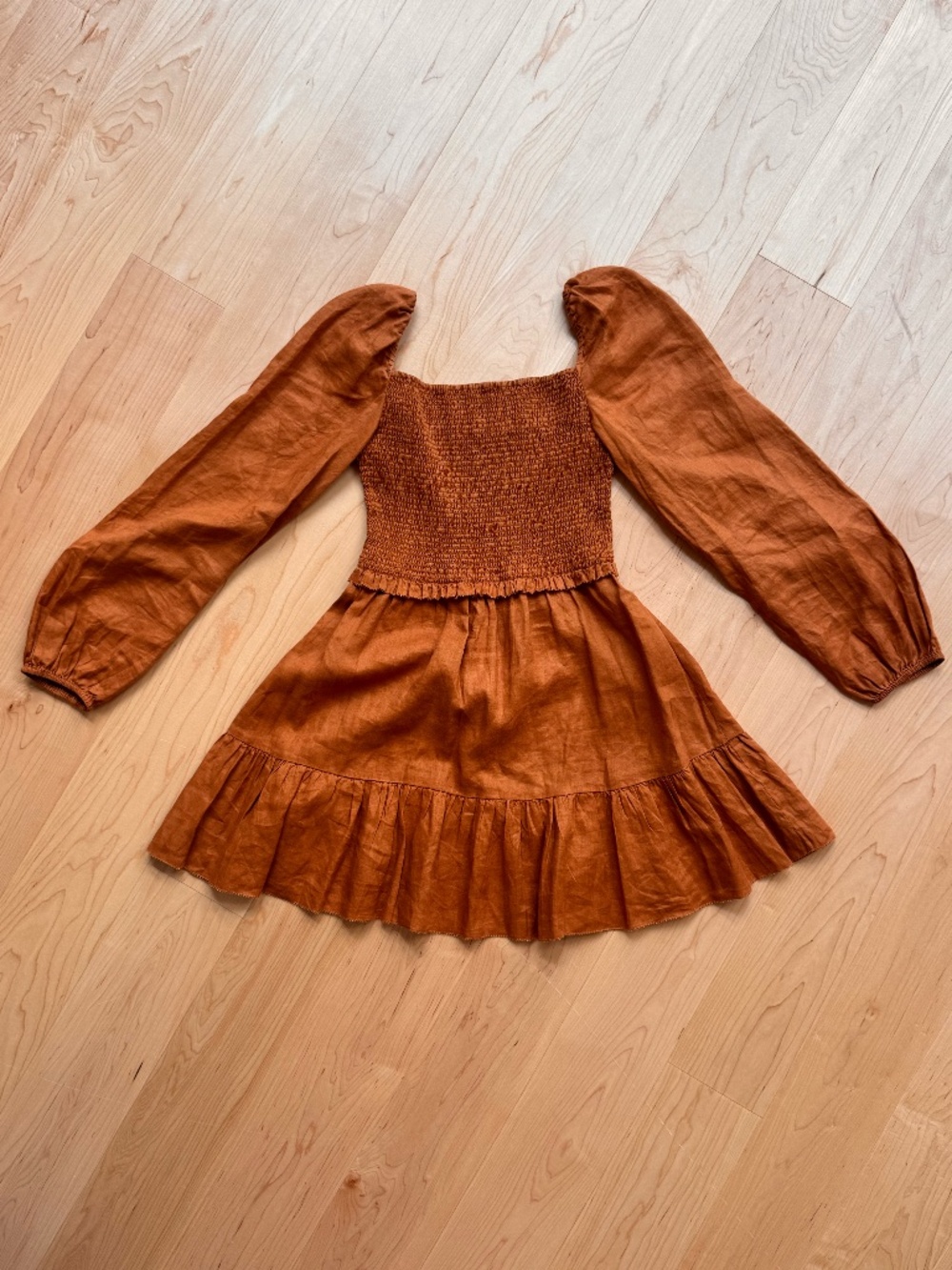 Quince 100% European Linen Smocked Mini Dress - Terracotta SMALL - Picture 2 of 3